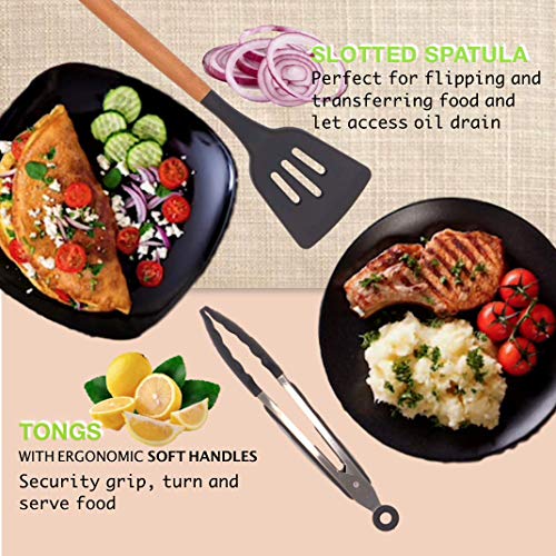 Kitchen Utensil Set, 27Pcs Cooking Utensils Set, Silicone Kitchen Tools, Wooden Spatula Set Non-stick Cookware Turner Tongs Spatula Spoon Kitchen Gadgets with Holder, BPA FREE-FDA APPROVED - Thumbnail 2