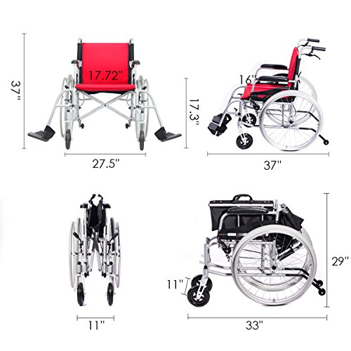 Hi-Fortune Wheelchair 21lbs Lightweight Self-propelled Manual Wheelchairs for Adults with Cushion and Travel Bag, Portable and Folding, 17.5" Seat, Red - Thumbnail 6