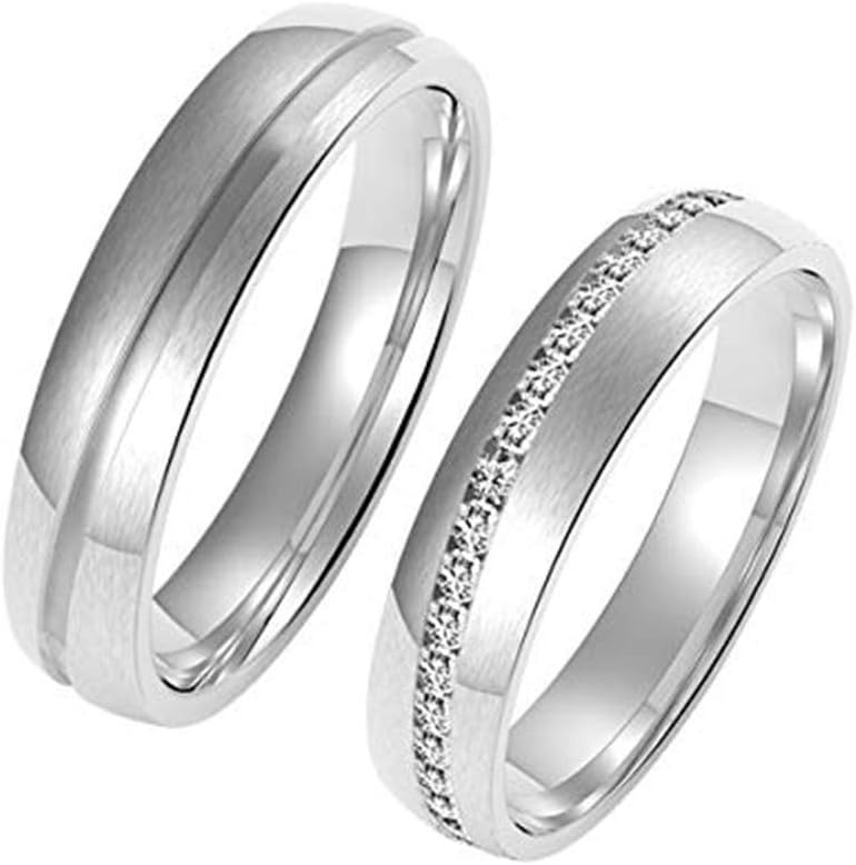 Stainless Steel Ring Set Couples Engagement Wedding Bands with Cubic Zirconia Crystal for Men & Women