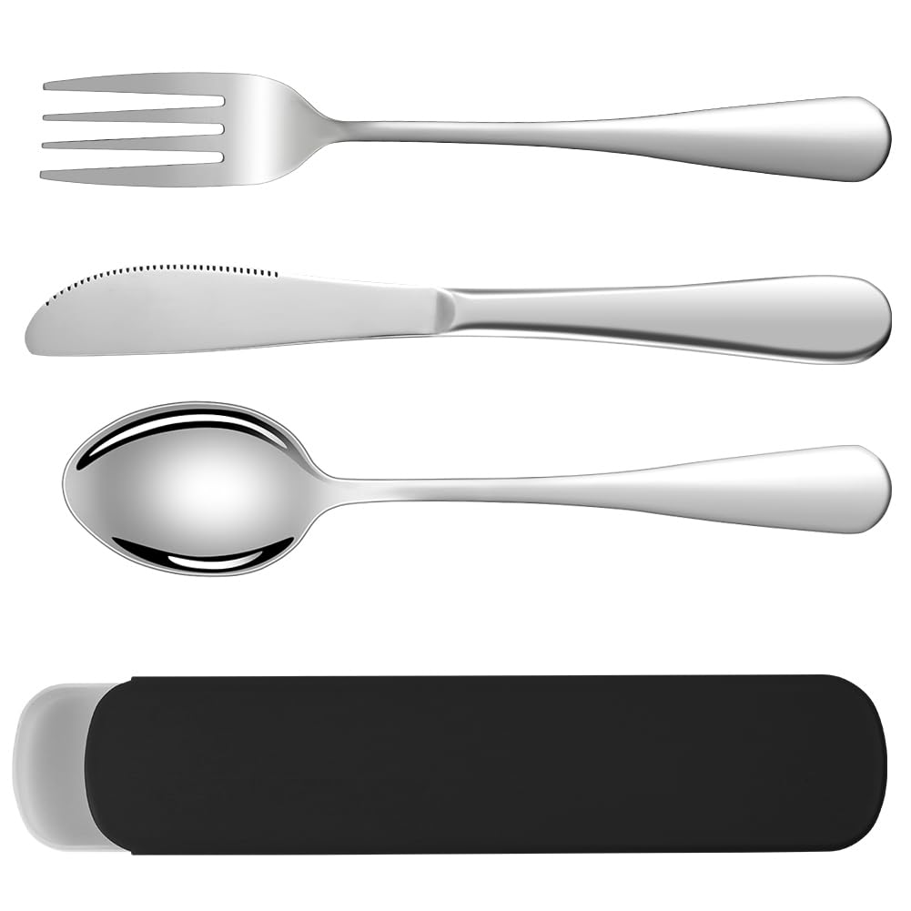 HOTUT 3 Pcs Travel Cutlery Set, Cutlery Set with Portable Pouch Case, Stainless Steel Flatware, Reusable, Portable Utensils for Home Outdoor Travel Picnic Office School Lunch Box, Black