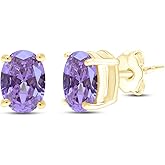 Birthstone Solitaire Stud Earrings for Women, 8x6mm Oval Cut Simulated Gemstone Studs in 14K Yellow Gold Plated 925 Sterling Silver Push Back Earrings, Jewelry Gift for Her