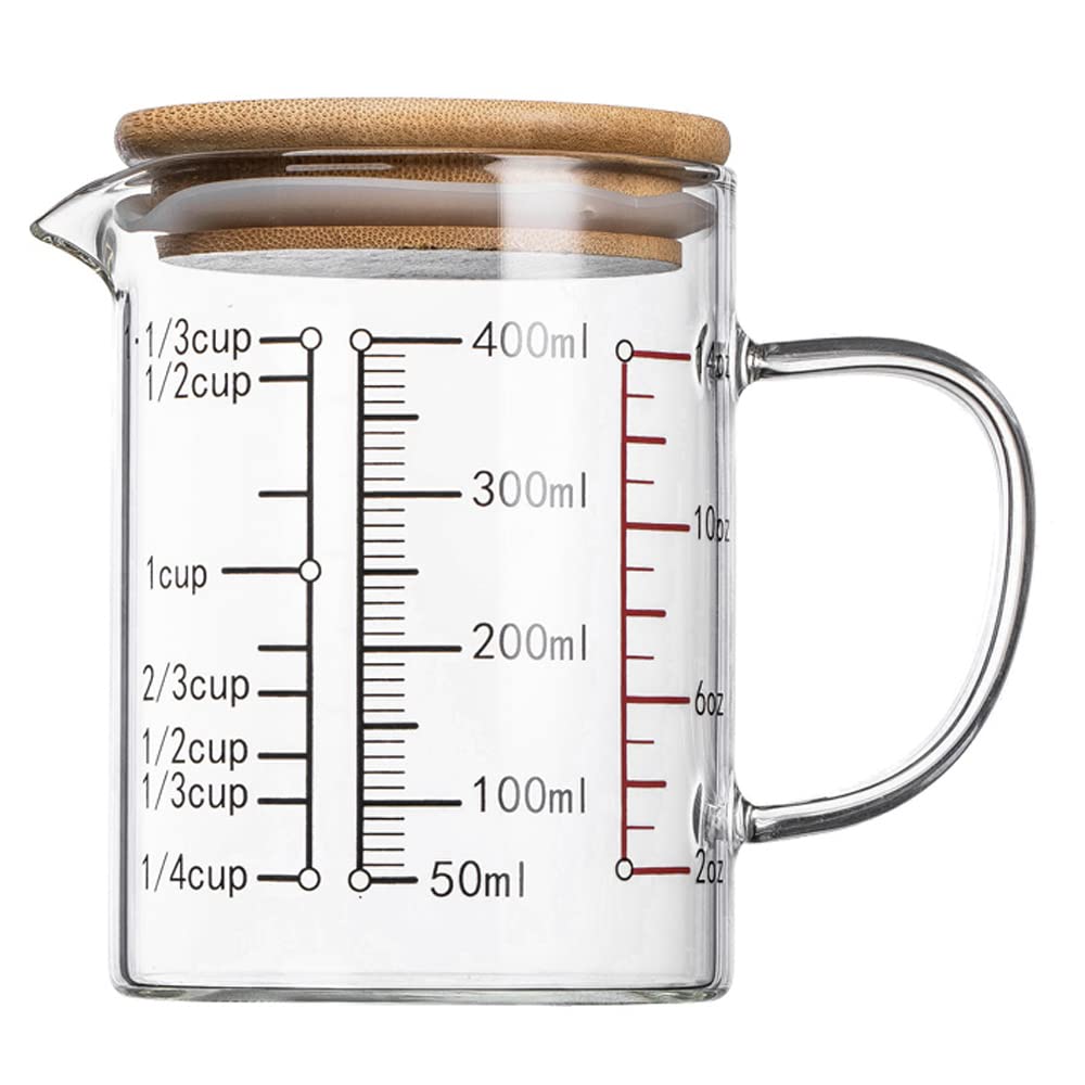 TAMUME Glass Measuring Cup with Lid, Multiple Scaling for Kitchen Use (400ml)