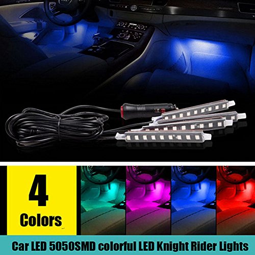 Car LED Strip Light Wireless Remote Control 4pcs 36 LED Multicolor Music Car Interior Lights Under Dash Lighting Waterproof Kit with Sound Active Function, Car Charger Included,DC 12V