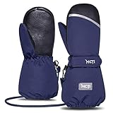 MCTi Kids Mittens Waterproof Winter Ski Warm Sherpa Lined Long Cuff with String Blue XS