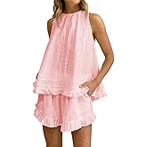Sotimoon Womens Ruffle Short Set 2 Piece Outfits Fashion Summer Sleeveless Lace Trim Top and Shorts Cotton Pajama Sets