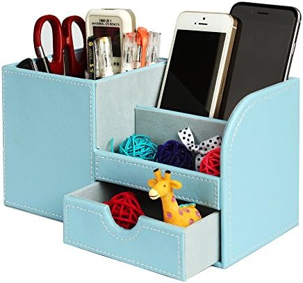 Leather Desk Organizer with Drawer, Juliell Multi-function Desk Storage Box Stationery Organizer Pen, Pencil, Name Cards, Cell Phone, Key, Remote Control Holder for Home, Office, School(Medium, Blue)