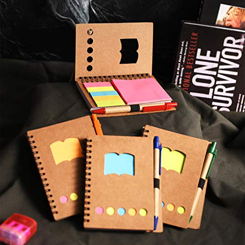 Blulu 4 Pieces Spiral Notebook 280 Sheets Lined Notepad with Sticky Notepads, Page Marker Colored Index Tabs Flags and Pen in Holder (Set 4)