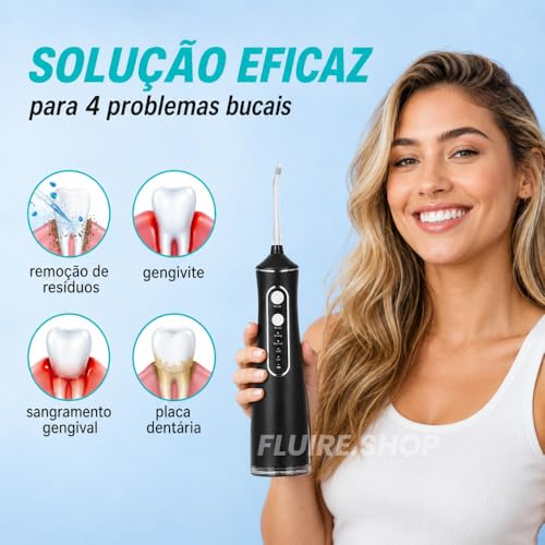 Irrigador Oral & Bucal Portátil Recarregável -Tanque 300ml - Limpeza Profunda com 4 Níveis de Pressão, 4 Ponteiras, À Prova d’Água - Jato Dental Ideal para Aparelhos Ortodônticos, Implantes e Gengivas