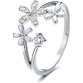 Daisy Flower Cluster Open Rings for Womens Teens Girls Cubic Zirconia Minimalist Thin Band Adjustable Finger Expandable Wrap Sparkly CZ Fashion Hypoallergenic Statement Wedding Blue Stacking Dainty