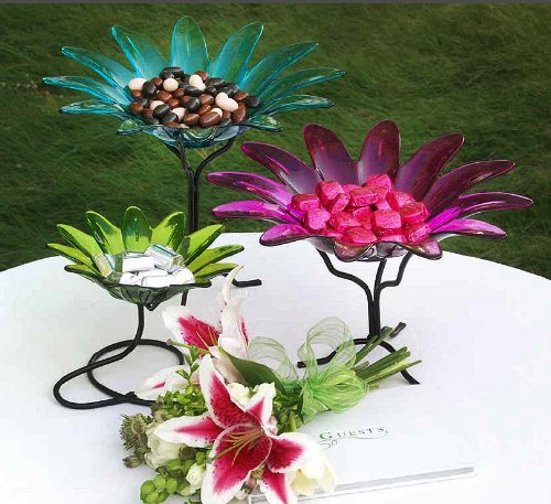Colorful Daisy Shaped Glass Serving Chip & Dip Dish or Candy Nut Bowl ~ G147F Aqua Table Top Glass Serving Bowl Serve Ware w/ Metal Stand for Chip & Dip Combos, Fruit or Displaying Potpourri