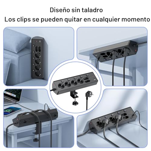 Desktop Power Strip with USB C (PD 30W), Individual Switches Desktop Power Socket, Surge Protection Sockets, 2 Meter Cable for Home Office, 2M Cable, Black