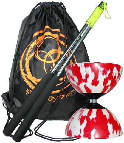Mr Babache Harlequin Diabolo Set - Red/White with Aluminium Handsticks and Firetoys Bag