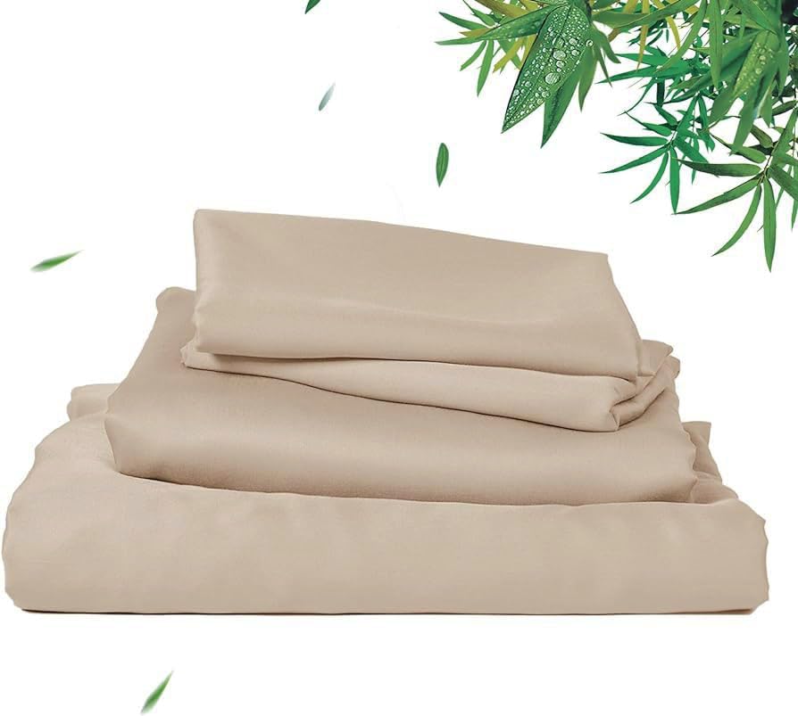 Waterlily 100% Bamboo Lyocell Bedding Set 4 Pcs Duvet Cover Fitted Sheet Pillowcases Double King Organic Natural Soft Vegan Silk Luxury Bed Linen (Beige, King)
