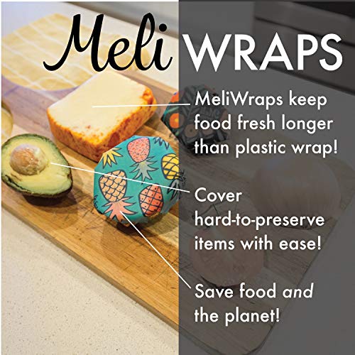 Meli Wraps Beeswax Wraps - Reusable Food Wrap Alternative to Plastic Wrap. Certified Organic Cotton, Naturally Antibacterial. 3-Pack includes sizes (SML) in Kahanu Print