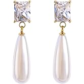 TaYolnFaSo Pearl Emerald Cut Birthstone Earring 18k Gold Plated Cubic Zirconia Drop Earring Pearl Dangle Earrings Pearl Jewelry Birthday Gifts for Women