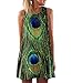 RARITYUS Women's Fashion Sleeveless Floral Print Round Neck Summer Loose Dresses Peacock Feather Pattern