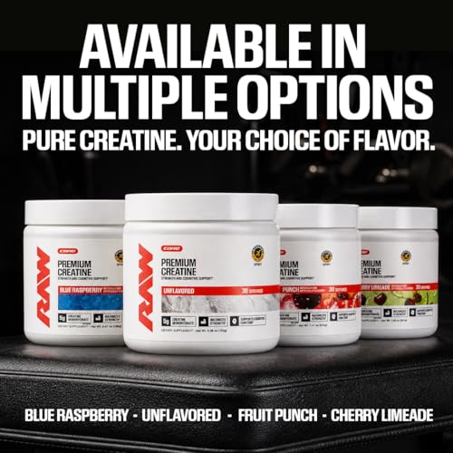 RAW Nutrition Creatine Monohydrate Powder, Unflavored (100 Servings) - Micronized Creatine Monohydrate Supplement for Workout Performance, Build Muscle & Strength - Creatine Powder for Men & Women