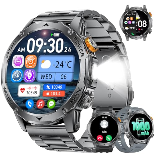 Reloj Inteligente Hombre, 1000mAh, Pantalla 1.75''HD, Smartwatch Diseño Militar, Llamada Bluetooth, 130+Deportivos, IP68 Resistente Agua Smart Watch, Monitoreo Cardíaco Sueño, Android iOS, Negro mate