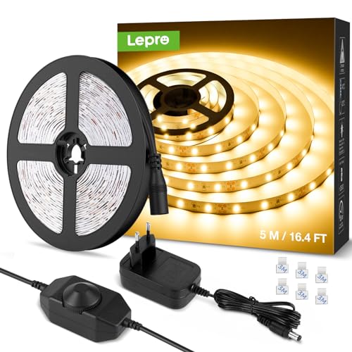LE 5 m Dimmable LED Strip Set, Warm White LED Strips, 12 V, Self-Adhesive Flexible DIY LED Band, IP20 LED Strip, LED Light Strip with Power Supply and Controller for Indoors, Kitchen, Decoration