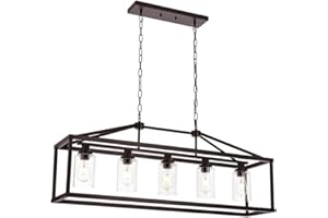 BONLICHT Industrial Rustic Farmhouse Chandelier 5 Light Modern Rectangle Dining Room Light Fixture Hanging Oil Rubbed Bronze Kitchen Island Cage Pendant Lighting with Clear Glass Shade for Hallway Bar