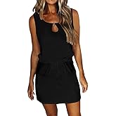 Womens Summer Causal Loose Sleeveless Crew Neck Drawstring Waist Mini Short Dress with Pockets