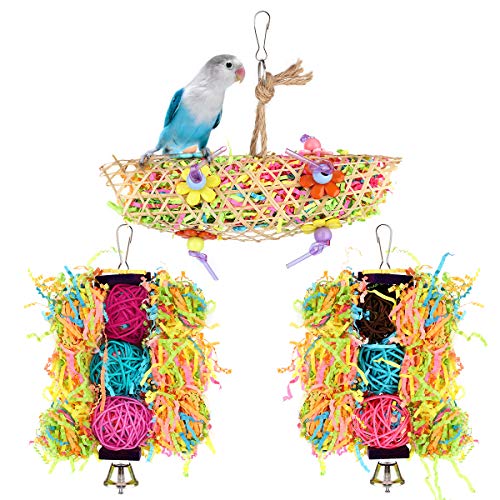Pawaboo Bird Parrot Toys 3 Packs, Bird Chewing Foraging Shredder Toy Bird Cage Hammock Hanging Swing with Bells for Small Bird, Parakeets, Cockatiels, Conures, Budgie, Lovebirds, Hummingbird, Finches