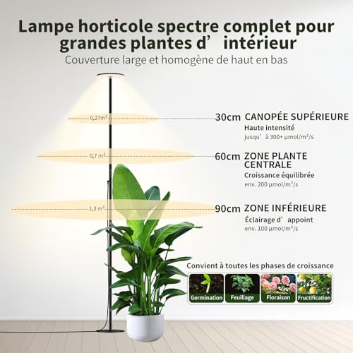 AJABotanics 60W LED Horticultural Lamp on Foot, Full Spectrum Indoor Plant Lamp, Adjustable Height up to 216 cm, for Large Plants, Remote Control, Timer 4H/8H/12H