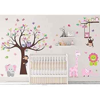 DEKOSH Kids Pink Jungle Theme Peel & Stick Girl Nursery Wall Decal, Colorful Owl Giraffe Lion Tree Decorative Sticker for Baby Bedroom, Playroom Mural