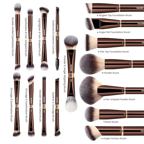 MAANGE 16 Pcs Professional Makeup Brushes, Double Sided Foundation Powder Contour Blush Set Complete Set with Pouch and Gift Box (Coffee Brown)
