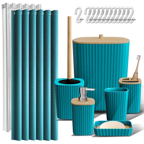 Clara Clark Bathroom Accessories Set - Bathroom Accessory Set with Shower Curtain Set, Toilet Brush, Trash Can & Soap Dispenser (Teal, Complete Set)