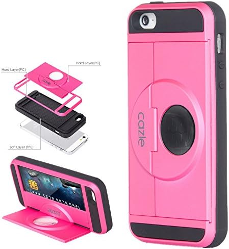 iPhone SE, iPhone 5S iPhone 5, Dual-layer Heavy Duty Cover with Slider ID Credit Card Slot Cash Holder Foldable Kickstand for Apple iPhone SE iPhone 5S iPhone 5 by Cazle (Pink)