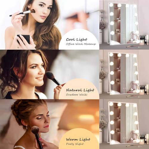 Beauenty Vanity Mirror with Lights, Lighted Makeup Mirror with 9 LED Bulbs and Detachable 10X Magnification,360° Rotation Makeup Mirror, Adjustable Brightness and 3 Color Modes