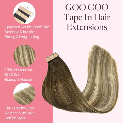 GOO GOO Adhesive Hair Extensions Natural Hair, 50 cm 20pcs 50 g Walnut Brown to Ash Brown and Whitish Blonde Hair Extensions, Remy Hair Extensions Natural Real Human Hair