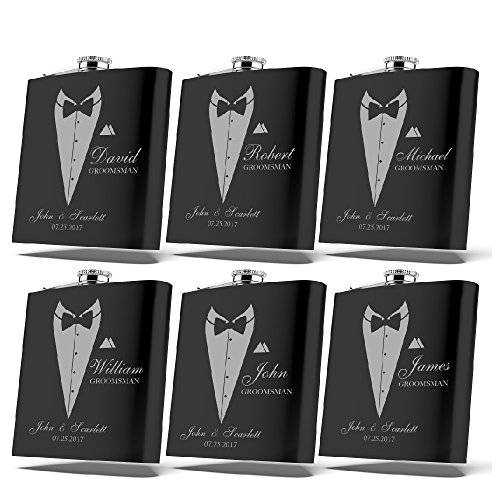 Set of 6, Set of 3, Single - Personalized Flask, Groomsmen Gift, Customized Groomsman Flasks, Wedding Favors, Matte Black … (6)