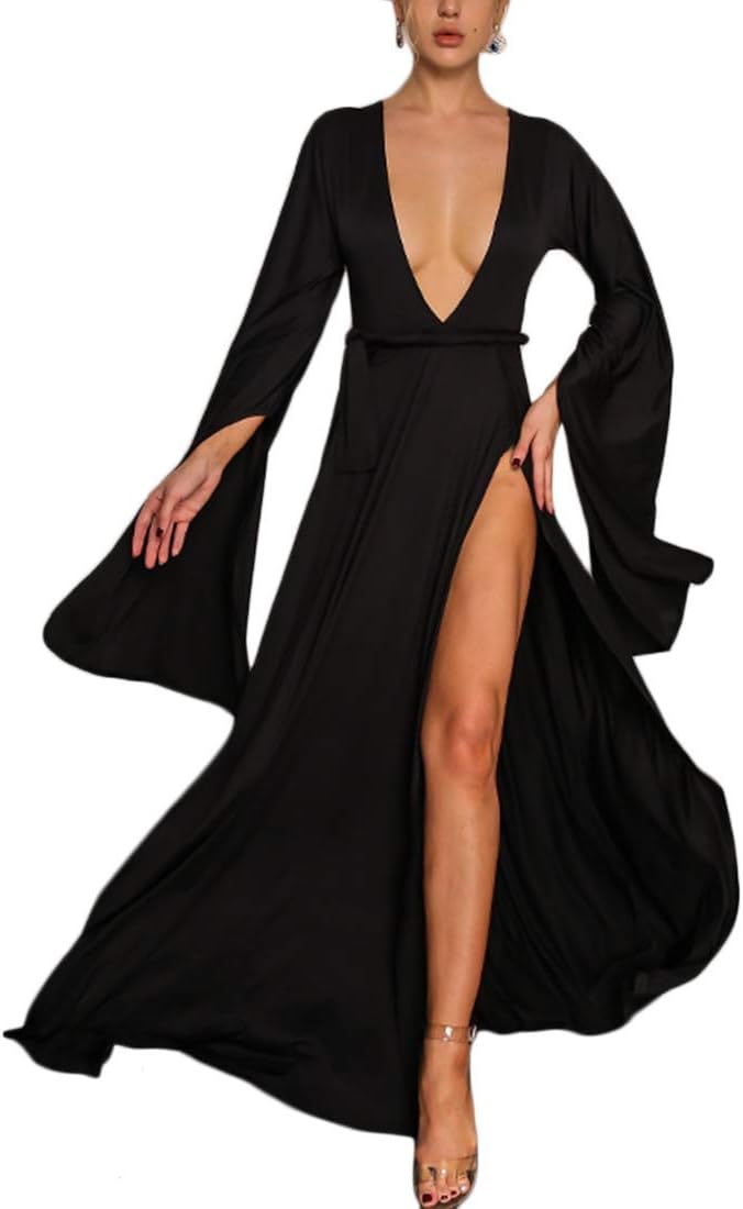 Ohvera Women's Solid Off Shoulder Long Sleeve High Slit Cocktail Evening Prom Gown Maxi Long Dress