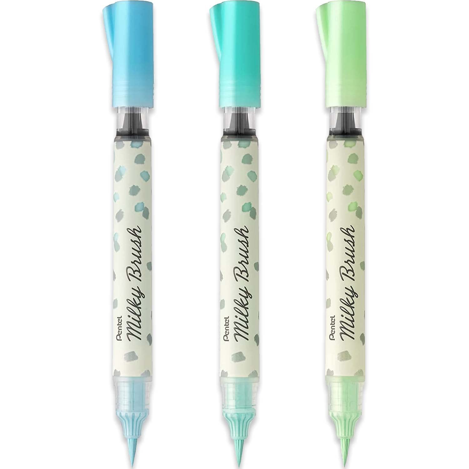Pentel Arts Milky Brush Marker Pens - Pastel Ink - Fine to Wide Stroke - Pack of 3 - Pastel Blue, Pastel Mint Green, & Pastel Green