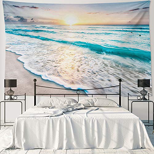 HIYOO Home Nature Art Wall Hanging Fabric Tapestry, Tropical Ocean Sea Coast Sand Beach Waves Theme Design, Decor for Party, Dorm Room, Bedroom,Living Room 90" W x 60" H - Sunrise