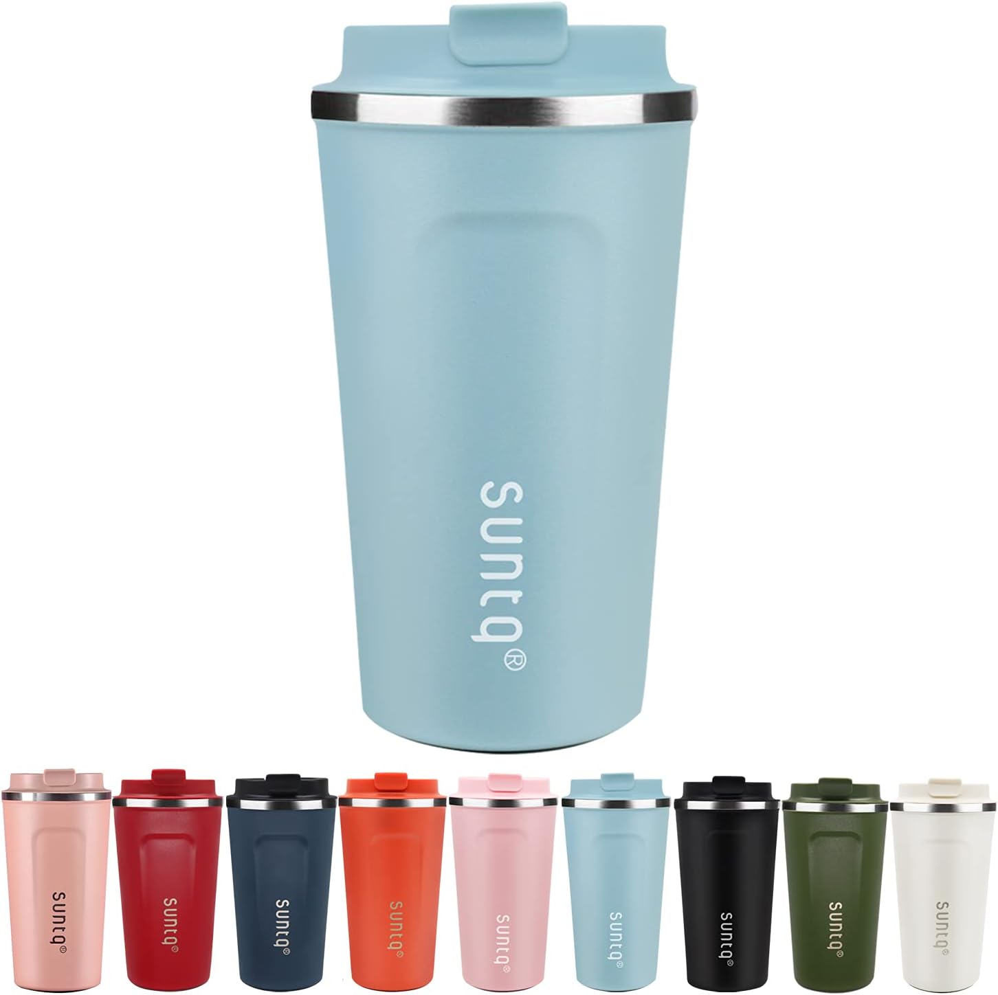 SUNTQ Reusable Coffee Cups Travel - Coffee Travel Mug with Leakproof Lid Stainless Steel Coffee Travel Cup (Light Blue, 18oz/510ml)
