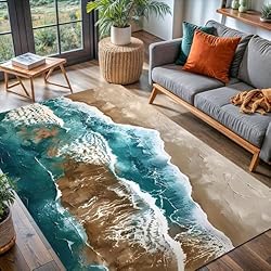 Brown Blue White Beach Ocean Theme 2x3 Area Rug for