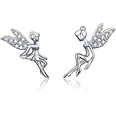 CZ Fairy Stud Earrings for Women Girls S925 Sterling Silver Silver-Tone Asymmtric Two-Tone Cubic Zirconia Crystal Tinkerbell Angel Wings Tiny Stud Hypoallergenic Jewelry Gifts for Daughter