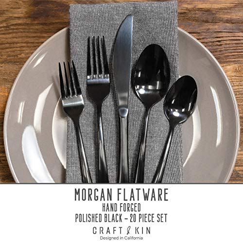 Craft & Kin Flatware Set, Hand-Forged Black Silverware Set, Classic Heirloom Luxury Black Flatware | Premium Quality Pure Stainless Steel Cutlery Set, Mirror Polished Dinnerware Set (20-pc, Set for 4)