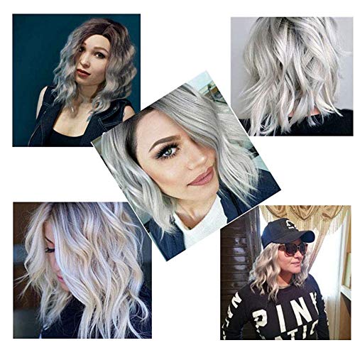 ZM Ombre Silver Wavy Short Wig Curly Wavy Shoulder Length Bob Synthetic Cosplay Wig for Women's Wigs T1B-Silver