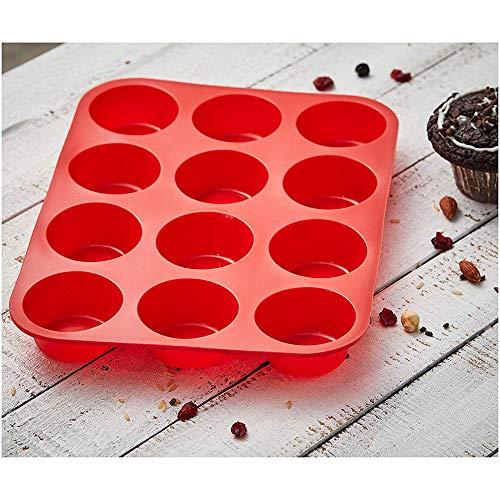 Silicone Muffin Pan Silicone Cupcake Baking Cups, 12 Non Stick Silicone Molds for Muffin Tins| Easy Clean |BPA Free| Mini Cupcake Pan (Red)