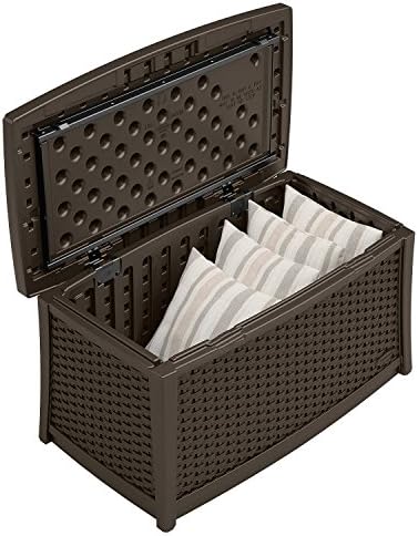 Rectangle Coffee Table Hidden Storage Under Table Top Made of Durable Double Wall Resin Construction Stylish Wicker Design Hinged Lid with Latching Function Patio Garden Home Furniture and Décor