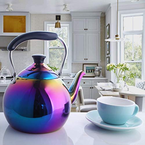 ROYDOM Whistling Tea Kettle Stainless Steel Teapot, 2-Liter Rainbow Teakettle for Stovetop Induction Stove Top, Fast Boiling Heat Water Tea Pot Maker Colorful 2.1-Quart