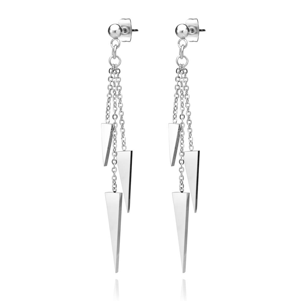 555Jewelry Womens Stainless Steel Triple Triangle Dangle Stylish Chain Chandelier Edgy Drop Post Stud Push Back Ladies Party Jewelry Fashion Accessory Earrings, Silver