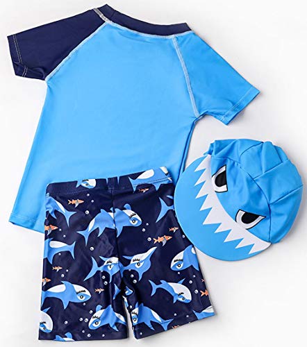 Baby Toddler Boys Two Piece Rash Guard Swimsuits Kids Short Sleeve Sunsuit Swimwear Sets with Hat UPF 50+ Blue Shark (18-24 Months)