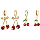 2 Pairs 14K Gold Plated Sweet Red Cherry Hoop Earrings for Women Cherry Green Leaf Drop Earrings 3D Cute Sweet Fruit Earrings Summer Jewelry Gift