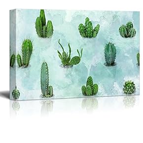 Canvas Wall Art - Various Cacti on Abstract Watercolor Background - Gallery Wrap Modern Home Art | Ready to Hang - 12" x 18"