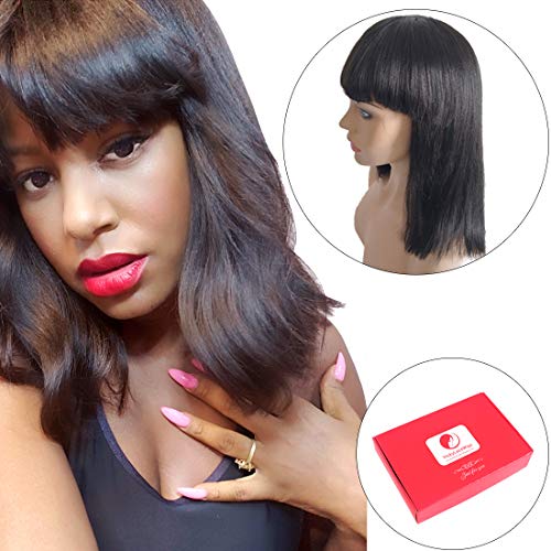 Brazilian Human Hair Bob Wigs with Bangs Yaki Machine Made Glueless Short Wigs with Wood comb and Wig Cap (12 Inch, Natural Color） (Natural Color)